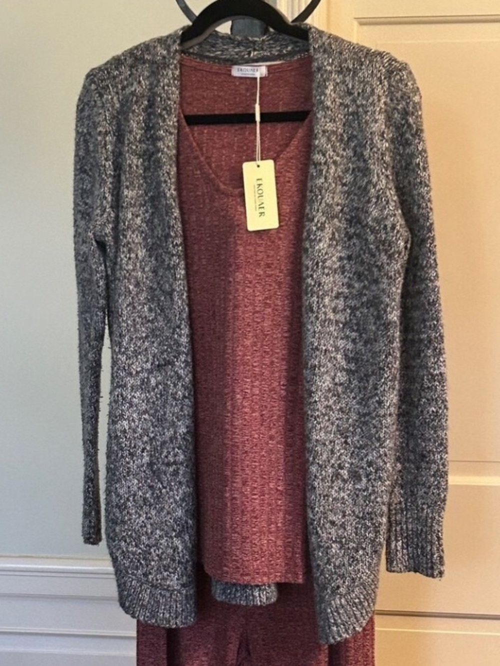 LOFT Gray Open-Front Cardigan Sweater Marled Gray Burgundy White Size Small - Picture 8 of 13